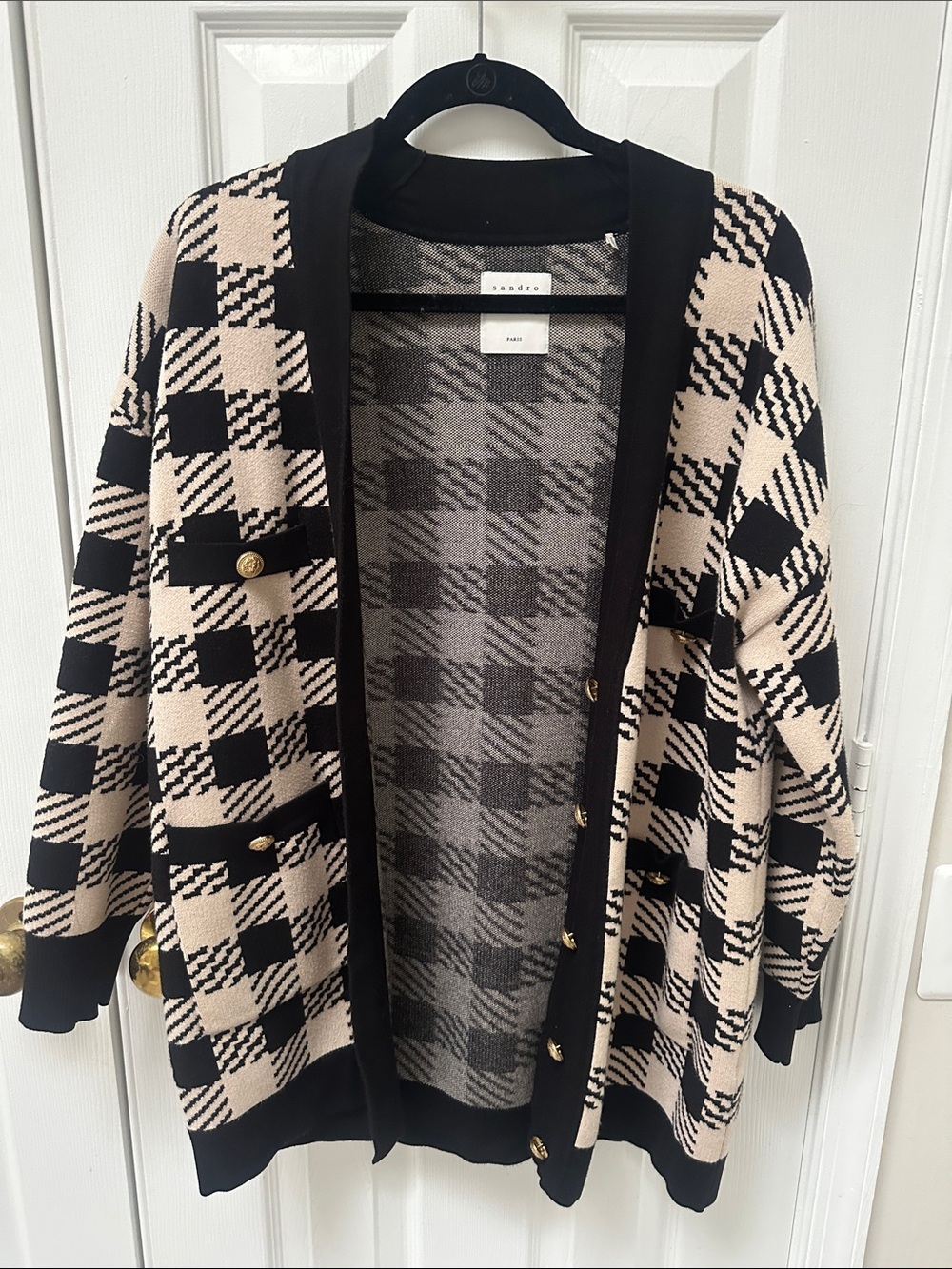 Sandro Black and Cream Plaid Open-Front Cardigan